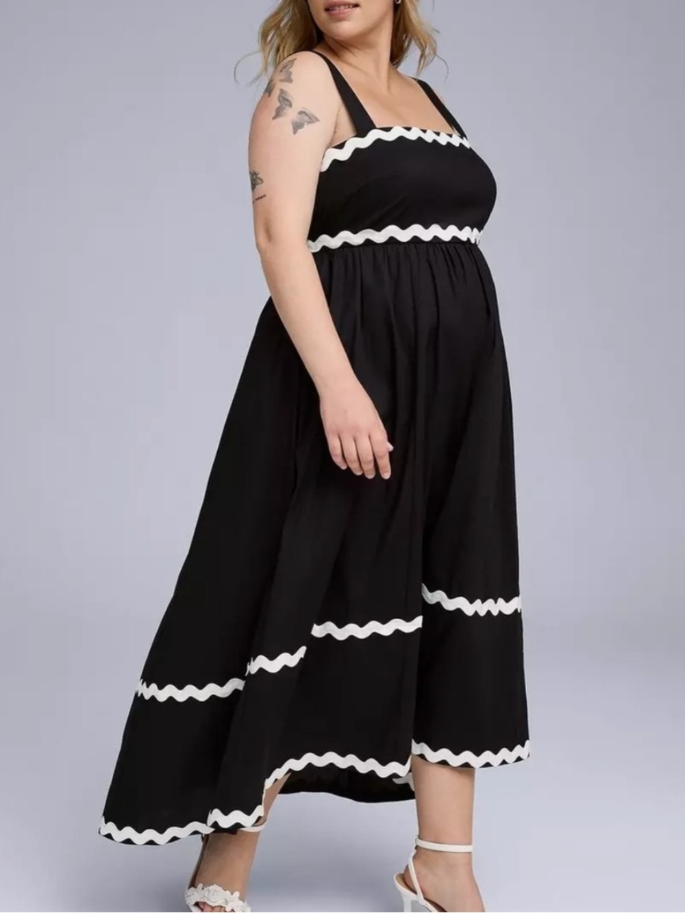 Belle Isle Maxi Babydoll Poplin Dress Torrid Black With White Rickrack Trim